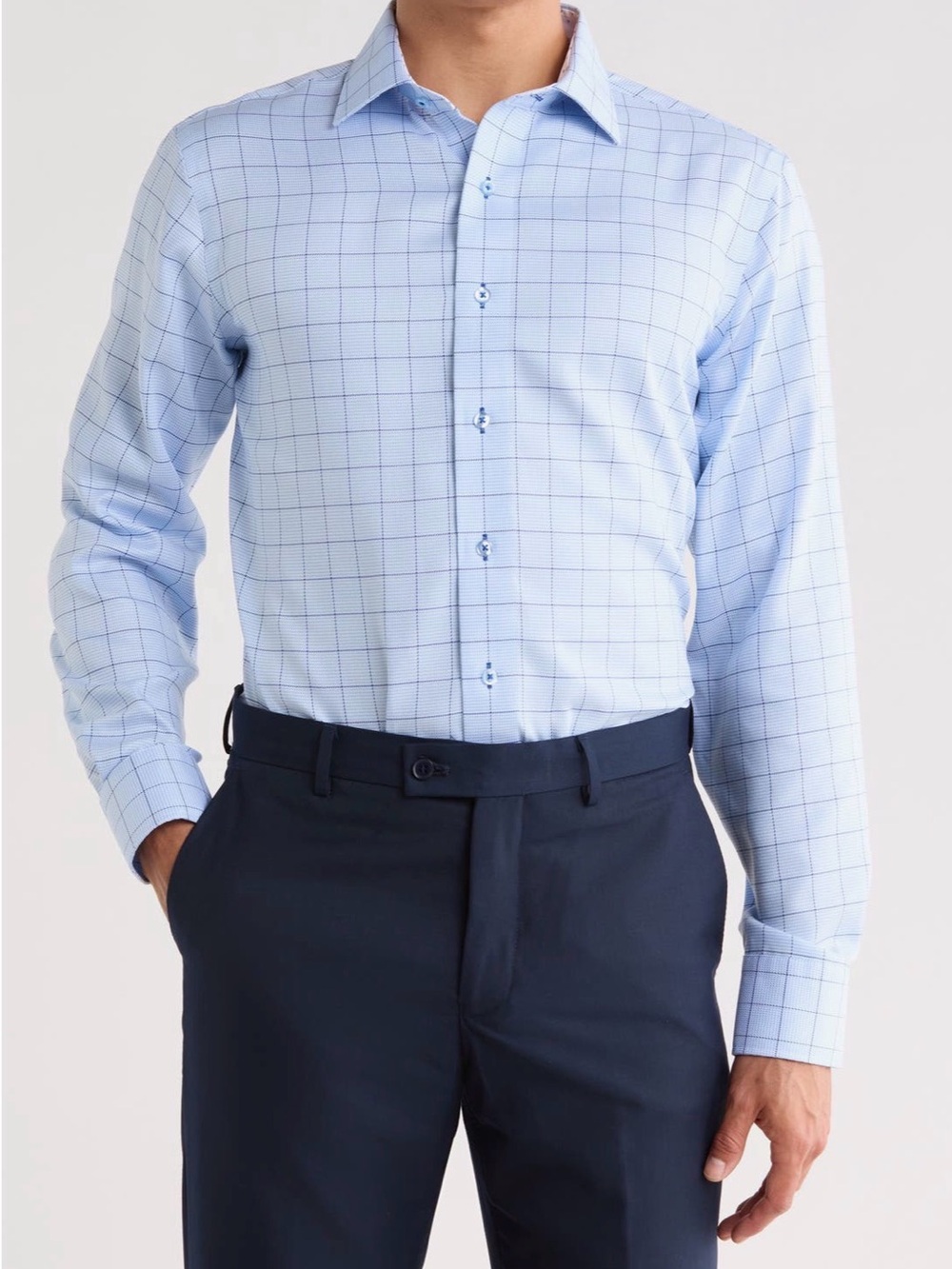 Lorenzo Uomo Blue Windowpane Men’s Button Down Dress Shirt 16.5 34/35